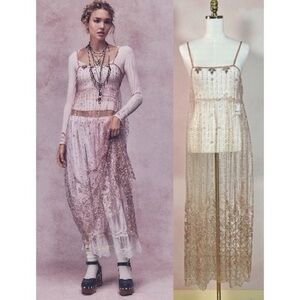 Free People Sparkle Fairy Sheer Mesh FP One Zella Slip Maxi Dress Rose Large NWT